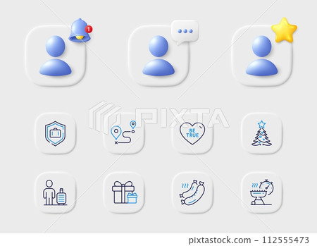 Luggage protect, Surprise package and Journey line icons. Placeholder with 3d star, reminder bell, chat. Pack of Christmas tree, Baggage, Grill time icon. Grilled sausage, Be true pictogram. Vector 112555473