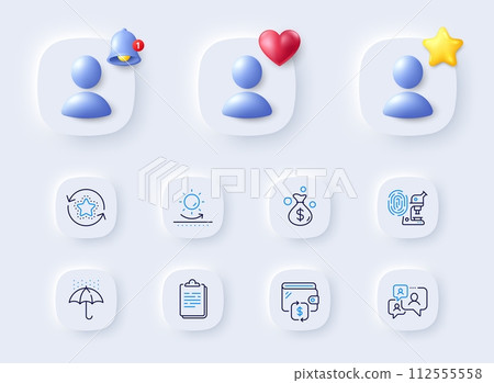 Sun protection, Fingerprint research and Support chat line icons. Placeholder with 3d bell, star, heart. Pack of Clipboard, Waterproof umbrella, Money bag icon. Vector 112555558