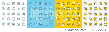 Vector icons set of Lounge place, Mortgage and Market seller line icons pack for web with Open door, Building energy, Triangle area outline icon. Furniture, Arena stadium, Lighthouse pictogram. Vector Vector icons set of Lounge place, Mortgage and Market seller line icons pack for web with Open door, Building energy, Triangle area outline icon. Furniture, Arena stadium, Lighthouse pictogram. Vector 112555561