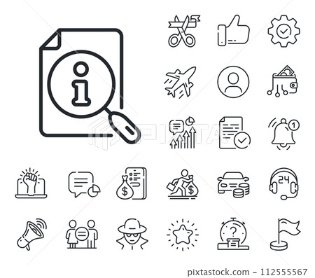 User manual sign. Salaryman, gender equality and alert bell outline icons. Search info line icon. Information document symbol. Search line sign. Spy or profile placeholder icon. Vector User manual sign. Salaryman, gender equality and alert bell outline icons. Search info line icon. Information document symbol. Search line sign. Spy or profile placeholder icon. Vector 112555567