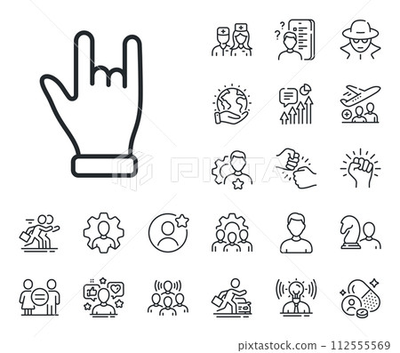 Two fingers palm sign. Specialist, doctor and job competition outline icons. Horns hand line icon. Gesture symbol. Horns hand line sign. Avatar placeholder, spy headshot icon. Strike leader. Vector 112555569