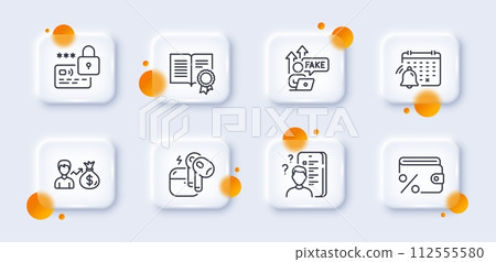 Fake internet, Notification calendar and Diploma line icons pack. 3d glass buttons with blurred circles. Headset, Salary, Survey web icon. Lock, Savings tax pictogram. For web app, printing. Vector 112555580