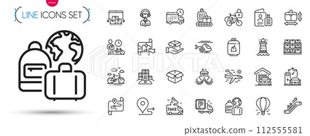 Pack of Destination flag, Medical helicopter and Shipping support line icons. Include Ship, Lighthouse, Passport pictogram icons. Map, Gas cylinder, Hold box signs. Garage. Vector Pack of Destination flag, Medical helicopter and Shipping support line icons. Include Ship, Lighthouse, Passport pictogram icons. Map, Gas cylinder, Hold box signs. Garage. Vector 112555581