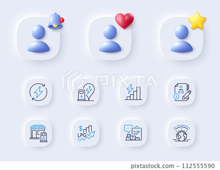 Rise price, Consumption growth and Inventory report line icons. Placeholder with 3d bell, star, heart. Pack of Algorithm, Greenhouse, Charging station icon. Vector Rise price, Consumption growth and Inventory report line icons. Placeholder with 3d bell, star, heart. Pack of Algorithm, Greenhouse, Charging station icon. Vector 112555590