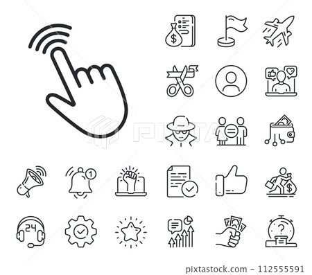 Click action sign. Salaryman, gender equality and alert bell outline icons. Hand cursor line icon. Finger pointer symbol. Cursor line sign. Spy or profile placeholder icon. Vector Click action sign. Salaryman, gender equality and alert bell outline icons. Hand cursor line icon. Finger pointer symbol. Cursor line sign. Spy or profile placeholder icon. Vector 112555591