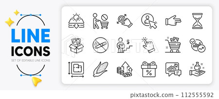 Time hourglass, Corn and Accounting line icons set for app include Inflation, Discount offer, Click hand outline thin icon. Stop shopping, Bribe, Touchscreen gesture pictogram icon. User. Vector Time hourglass, Corn and Accounting line icons set for app include Inflation, Discount offer, Click hand outline thin icon. Stop shopping, Bribe, Touchscreen gesture pictogram icon. User. Vector 112555592
