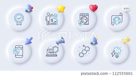 Fake internet, Phone repair and Translation service line icons. Buttons with 3d bell, chat speech, cursor. Pack of Electricity bulb, Seo statistics, Washing machine icon. Vector Fake internet, Phone repair and Translation service line icons. Buttons with 3d bell, chat speech, cursor. Pack of Electricity bulb, Seo statistics, Washing machine icon. Vector 112555601