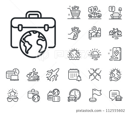 Businessman case sign. Plane jet, travel map and baggage claim outline icons. Global business line icon. Internet marketing symbol. Businessman case line sign. Car rental, taxi transport icon. Vector Businessman case sign. Plane jet, travel map and baggage claim outline icons. Global business line icon. Internet marketing symbol. Businessman case line sign. Car rental, taxi transport icon. Vector 112555602