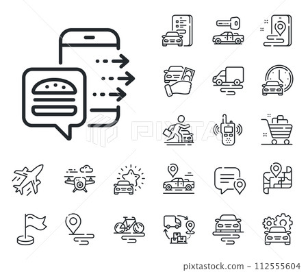 Meal delivery app sign. Plane, supply chain and place location outline icons. Food order line icon. Online catering service symbol. Food order line sign. Taxi transport, rent a bike icon. Vector 112555604