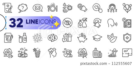 Outline set of Food, Money exchange and Floor plan line icons for web with Organic product, Question mark, Rotation gesture thin icon. Mindfulness stress, Bike rental, Balloons pictogram icon. Vector 112555607