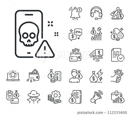 Ransomware threat sign. Cash money, loan and mortgage outline icons. Cyber attack line icon. Phone hacking symbol. Cyber attack line sign. Credit card, crypto wallet icon. Vector Ransomware threat sign. Cash money, loan and mortgage outline icons. Cyber attack line icon. Phone hacking symbol. Cyber attack line sign. Credit card, crypto wallet icon. Vector 112555608