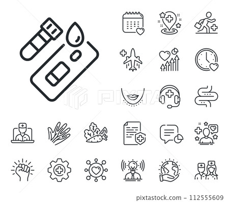 Coronavirus testing sign. Online doctor, patient and medicine outline icons. Covid test line icon. Blood test tube symbol. Covid test line sign. Veins, nerves and cosmetic procedure icon. Vector Coronavirus testing sign. Online doctor, patient and medicine outline icons. Covid test line icon. Blood test tube symbol. Covid test line sign. Veins, nerves and cosmetic procedure icon. Vector 112555609