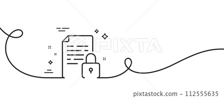 Lock line icon. Continuous one line with curl. Protected document sign. Padlock file symbol. Lock single outline ribbon. Loop curve pattern. Vector 112555635