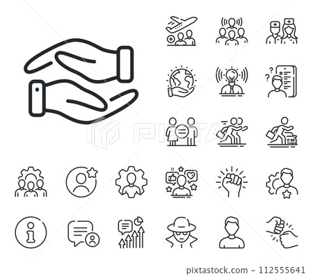 Charity gesture sign. Specialist, doctor and job competition outline icons. Helping hand line icon. Giving palm symbol. Helping hand line sign. Avatar placeholder, spy headshot icon. Vector Charity gesture sign. Specialist, doctor and job competition outline icons. Helping hand line icon. Giving palm symbol. Helping hand line sign. Avatar placeholder, spy headshot icon. Vector 112555641