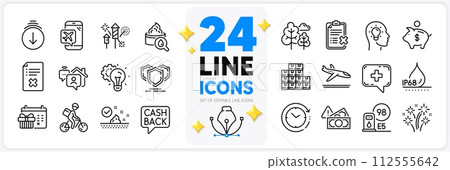 Icons set of Moisturizing cream, Scroll down and Fireworks rocket line icons pack for app with Petrol station, Flight mode, Shields thin outline icon. Medical chat, Christmas calendar. Vector Icons set of Moisturizing cream, Scroll down and Fireworks rocket line icons pack for app with Petrol station, Flight mode, Shields thin outline icon. Medical chat, Christmas calendar. Vector 112555642