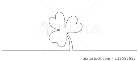 Clover flower banner for Saint Patrick day - good lucky symbol, single line. Vector stock minimalism illustration isolated on white background for design template invitation. Editable stroke. EPS10 Clover flower banner for Saint Patrick day - good lucky symbol, single line. Vector stock minimalism illustration isolated on white background for design template invitation. Editable stroke. EPS10 112555652