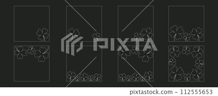 Clover flower frame for Saint Patrick day - good lucky symbol, single line. Vector stock minimalism illustration isolated on black background for design template social media. Editable stroke. EPS10 Clover flower frame for Saint Patrick day - good lucky symbol, single line. Vector stock minimalism illustration isolated on black background for design template social media. Editable stroke. EPS10 112555653