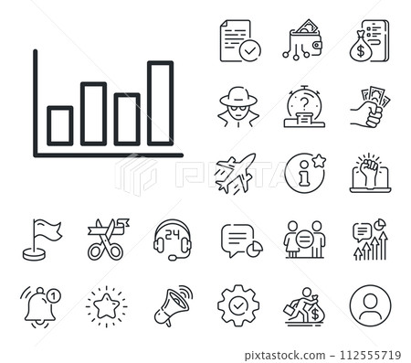 Financial graph sign. Salaryman, gender equality and alert bell outline icons. Histogram Column chart line icon. Stock exchange symbol. Business investment. Report diagram line sign. Vector Financial graph sign. Salaryman, gender equality and alert bell outline icons. Histogram Column chart line icon. Stock exchange symbol. Business investment. Report diagram line sign. Vector 112555719