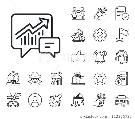 Report graph or Sales growth sign in speech bubble. Salaryman, gender equality and alert bell outline icons. Chart line icon. Analysis and Statistics data symbol. Accounting line sign. Vector Report graph or Sales growth sign in speech bubble. Salaryman, gender equality and alert bell outline icons. Chart line icon. Analysis and Statistics data symbol. Accounting line sign. Vector 112555723