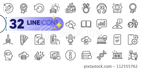 Outline set of Brush, Headphones and Cyber attack line icons for web with File storage, Inspect, Interview thin icon. Mobile survey, Creative idea, Book pictogram icon. Cloud server. Vector 112555762