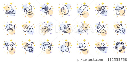 Outline set of Organic tested, Sunny weather and Fish school line icons for web app. Include Leaf dew, Dirty water, Seafood pictogram icons. Fire energy, Pillow, Travel sea signs. Juice. Vector 112555768