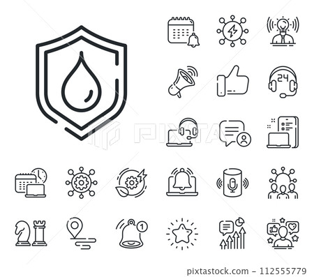 Waterproof shield sign. Place location, technology and smart speaker outline icons. Water resistant line icon. Drop protection symbol. Waterproof line sign. Influencer, brand ambassador icon. Vector Waterproof shield sign. Place location, technology and smart speaker outline icons. Water resistant line icon. Drop protection symbol. Waterproof line sign. Influencer, brand ambassador icon. Vector 112555779