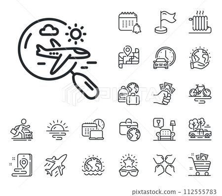 Search trip flight sign. Plane jet, travel map and baggage claim outline icons. Airplane travel line icon. Holidays symbol. Search flight line sign. Car rental, taxi transport icon. Vector 112555783