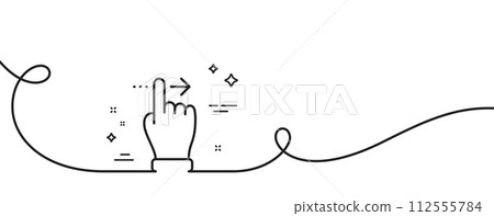 Touchscreen gesture line icon. Continuous one line with curl. Slide right arrow sign. Swipe action symbol. Touchscreen gesture single outline ribbon. Loop curve pattern. Vector Touchscreen gesture line icon. Continuous one line with curl. Slide right arrow sign. Swipe action symbol. Touchscreen gesture single outline ribbon. Loop curve pattern. Vector 112555784