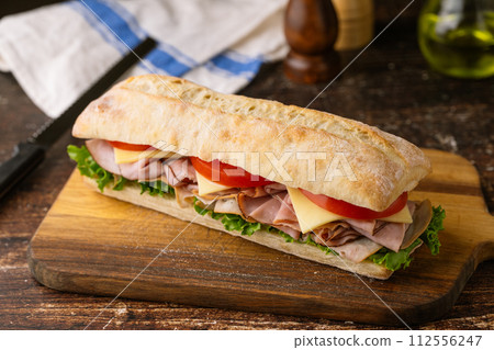 submarine sandwich with turkey and black forest ham 112556247