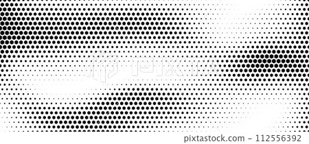 Hexagon halftone gradient texture. Abstract black hex grunge background. Geometric retro halftone tech wallpaper. Fading wavy hexagonal pattern backdrop. Vector vanishing honeycomb grunge overlay 112556392
