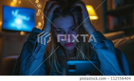 stress woman staring at smartphone with impact of cyberbullying 112556404