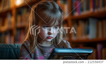 young girl cyberbullying victim sitting in a library stare at tablet 112556437