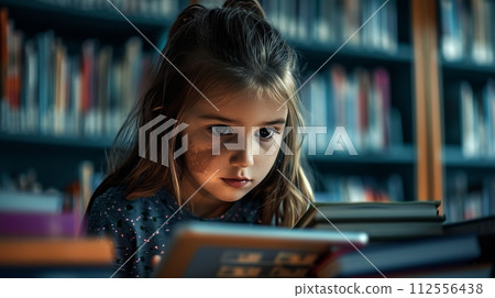 young internet users girl sitting in a library using at tablet facing online harrasment 112556438