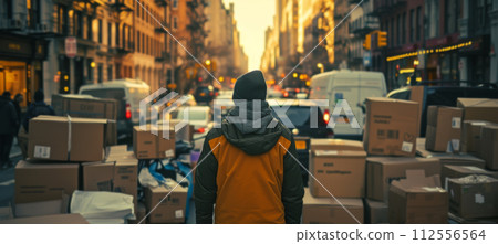 logistics industry delivery driver with stack of packages in city streets 112556564