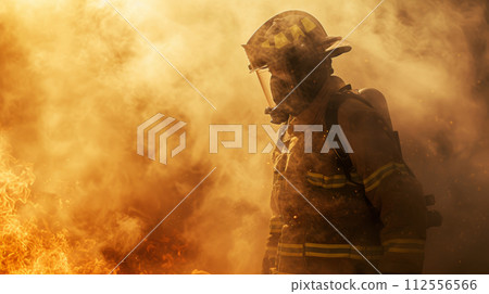 firefighter with smoke and flame heat sacrifice in emergency services 112556566
