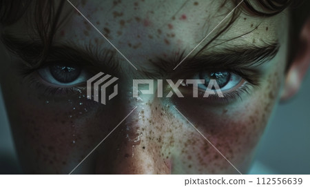 close up of a teenage europe man Freckled face blue eye stare at camera dark tone close up of a teenage europe man Freckled face blue eye stare at camera dark tone 112556639