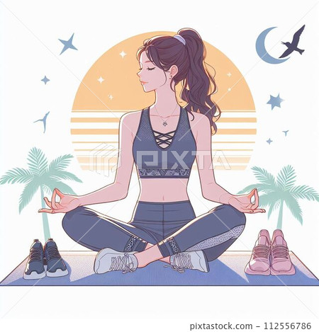 A woman who plays yoga at the beach A woman who plays yoga at the beach 112556786