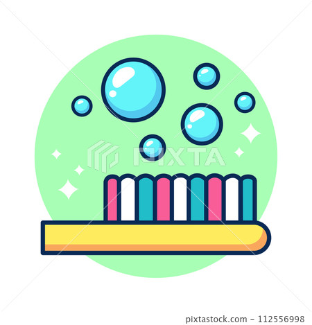 Yellow toothbrush. Bubble. Teeth cleaning. Childrens learning card. Poster for pediatric dentistry. Vector illustration in cartoon style. Yellow toothbrush. Bubble. Teeth cleaning. Childrens learning card. Poster for pediatric dentistry. Vector illustration in cartoon style. 112556998