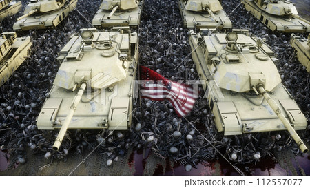 American military tanks Abrams and skulls. Help for ukraine. Anti war concept. 3d rendering. 112557077