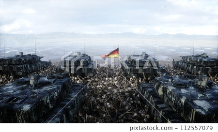 Germany military tanks leopards and skulls. Help for ukraine. Anti war concept. 3d rendering. Germany military tanks leopards and skulls. Help for ukraine. Anti war concept. 3d rendering. 112557079