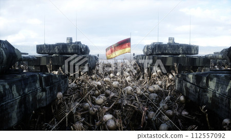 Germany military tanks leopards and skulls. Help for ukraine. Anti war concept. 3d rendering. 112557092