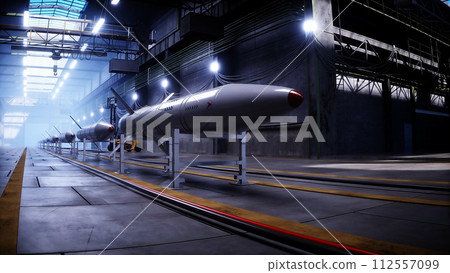 Military tactic rocket factory, production line. War concept 3d rendering. Military tactic rocket factory, production line. War concept 3d rendering. 112557099