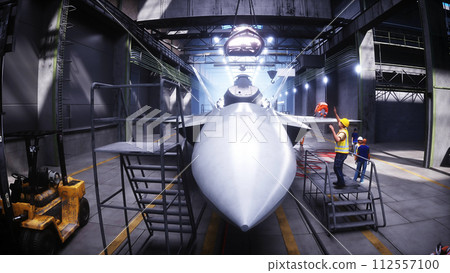 Production of military fighter jet f 22 raptor at the factory. Military factory weapon. 3d rendering. 112557100