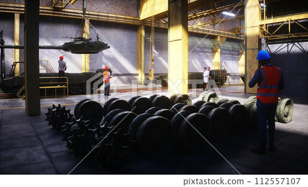 Production of military russian battle tank T 90 at the factory. Military factory weapon. 3d rendering. 112557107