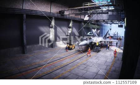 Production of military fighter jet f 22 raptor at the factory. Military factory weapon. 3d rendering. 112557109