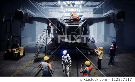 Robot walking. Production of military futuristic ship at the factory. Future concept. 3d rendering. Robot walking. Production of military futuristic ship at the factory. Future concept. 3d rendering. 112557117