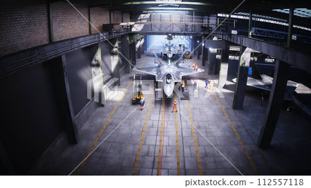 Production of military fighter jet f 22 raptor at the factory. Military factory weapon. 3d rendering. Production of military fighter jet f 22 raptor at the factory. Military factory weapon. 3d rendering. 112557118