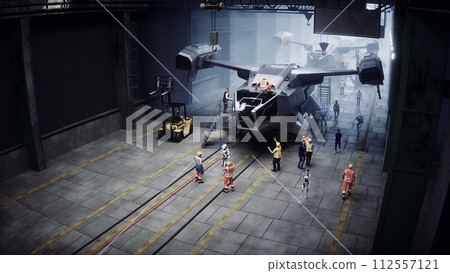 Robot walking. Production of military futuristic ship at the factory. Future concept. 3d rendering. Robot walking. Production of military futuristic ship at the factory. Future concept. 3d rendering. 112557121