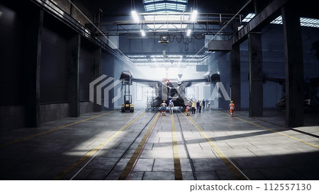 Robot walking. Production of military futuristic ship at the factory. Future concept. 3d rendering. Robot walking. Production of military futuristic ship at the factory. Future concept. 3d rendering. 112557130