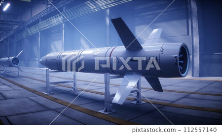 Military tactic rocket factory, production line. War concept 3d rendering. Military tactic rocket factory, production line. War concept 3d rendering. 112557140